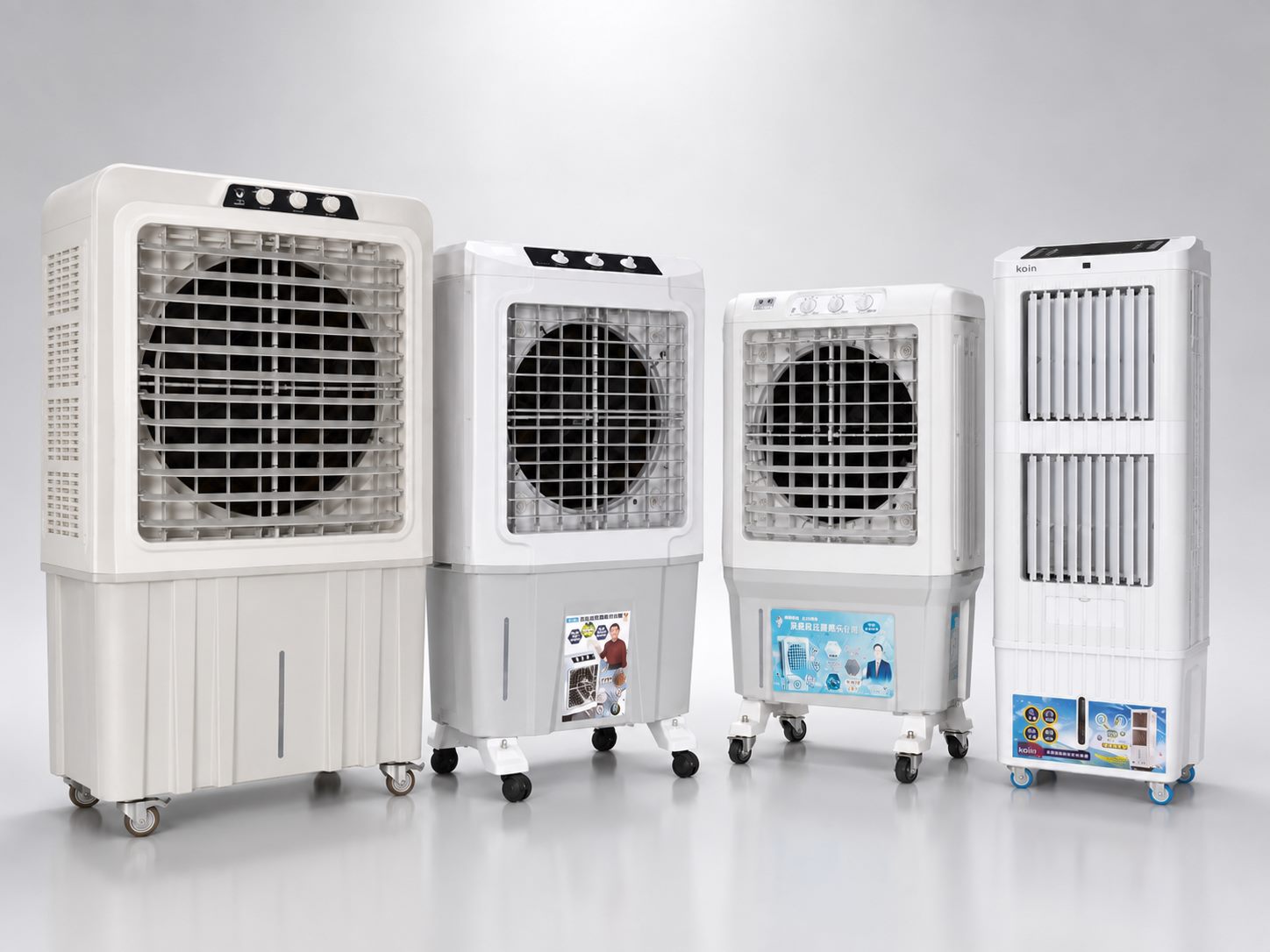 Lapolo 與 Kolin 多款水冷扇機型展示，包含 7L、30L、40L、60L、80L、105L，適合水冷扇出租與購買諮詢